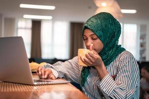 African muslim business woman wearing a green hijab drinking tea while working on laptop computer in relaxation area at modern open plan startup office. photo