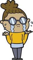 cartoon crying woman wearing spectacles vector