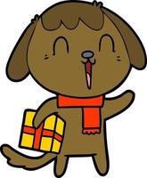 lindo perro de dibujos animados con regalo de navidad vector