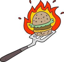 cartoon flaming burger on spatula vector