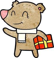 friendly bear with xmas gift and scarf vector