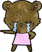 crying cartoon bear in dress pointing vector