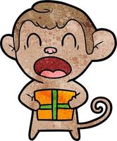 mono de dibujos animados gritando con regalo de navidad vector