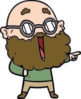 cartoon joyful man with beard pointing finger vector