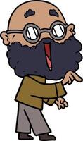 cartoon joyful man with beard pointing finger vector