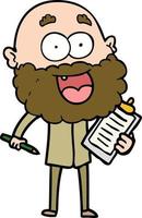 cartoon crazy happy man with beard and clip board for notes vector
