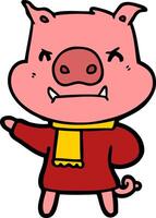 angry cartoon pig in winter clothes vector