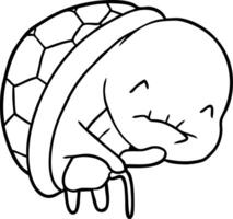 cute line drawing of a old turtle with walking stick vector