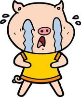 crying pig cartoon wearing human clothes vector