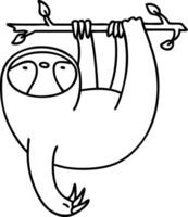 line doodle of cute sloth hanging from a branch vector