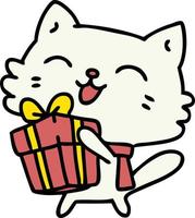 caricatura de un pequeño gato feliz sosteniendo un regalo de navidad vector