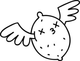 line doodle of a dead lemon flying up to heaven on angel wings vector