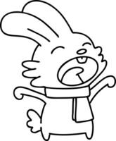 line doodle of a rabbit with scarf yawning vector