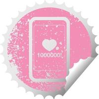 mobile phone showing 1000000 likes graphic distressed sticker illustration icon vector