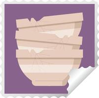 stack of cracked old bowls graphic square sticker stamp vector