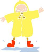 flat color illustration cartoon person splashing in puddle wearing rain coat vector