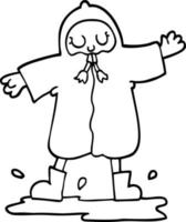 black and white cartoon person splashing in puddle wearing rain coat vector