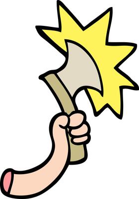 hand drawn doodle style cartoon arm with axe