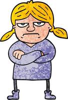 grunge textured illustration cartoon grumpy girl vector