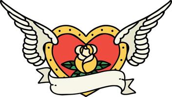 traditional tattoo of a flying heart with flowers and banner vector