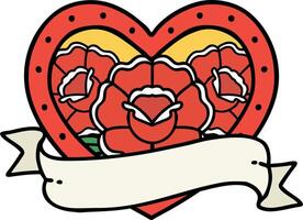 traditional tattoo of a heart and banner with flowers vector