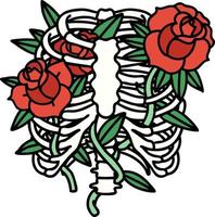 traditional tattoo of a rib cage and flowers vector