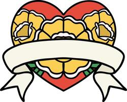 traditional tattoo of a heart and banner with flowers vector