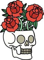 traditional tattoo of a skull and roses vector