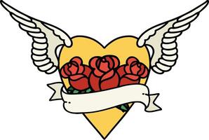 traditional tattoo of a heart with wings flowers and banner vector