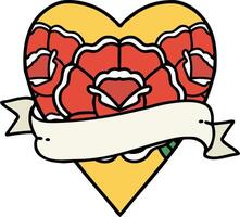 traditional tattoo of a heart and banner with flowers vector