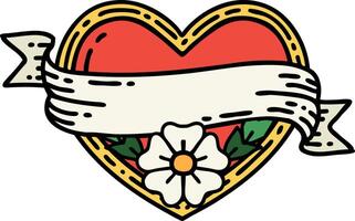 traditional tattoo of a heart and banner with flowers vector