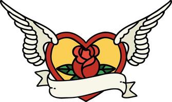 traditional tattoo of a flying heart with flowers and banner vector