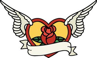 traditional tattoo of a flying heart with flowers and banner vector