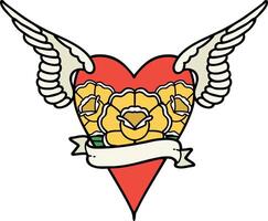 traditional tattoo of a heart with wings and banner vector