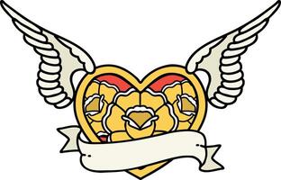 traditional tattoo of a flying heart with flowers and banner vector