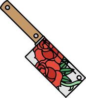 traditional tattoo of a cleaver and flowers vector