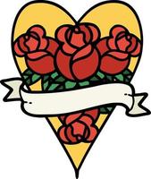 traditional tattoo of a heart and banner with flowers vector