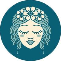 tattoo style icon of female face with eyes closed vector