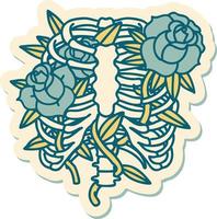 tattoo style sticker of a rib cage and flowers vector