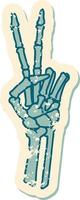 distressed sticker tattoo style icon of a skeleton hand giving a peace sign vector