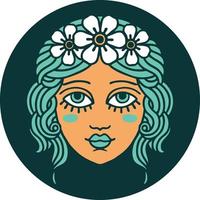 icono de estilo tatuaje de rostro femenino con corona de flores vector