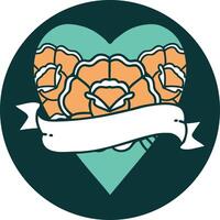 tattoo style icon of a heart and banner with flowers vector