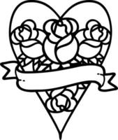 black line tattoo of a heart and banner with flowers vector