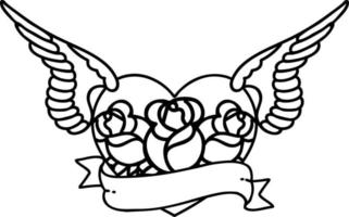 tatuaje de línea negra de un corazón volador con flores y pancartas vector