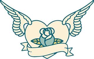 ícono de estilo tatuaje de un corazón volador con flores y pancartas vector