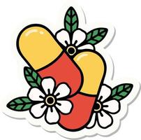 tattoo style sticker of pills and flowers vector