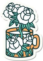 tattoo style sticker of a cup and flowers vector