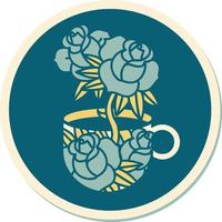 tattoo style sticker of a cup and flowers vector