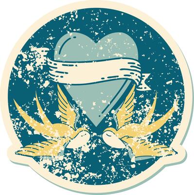 distressed sticker tattoo style icon of a swallows and a heart with banner