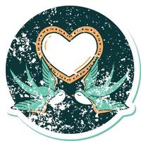 iconic distressed sticker tattoo style image of swallows and a heart vector
